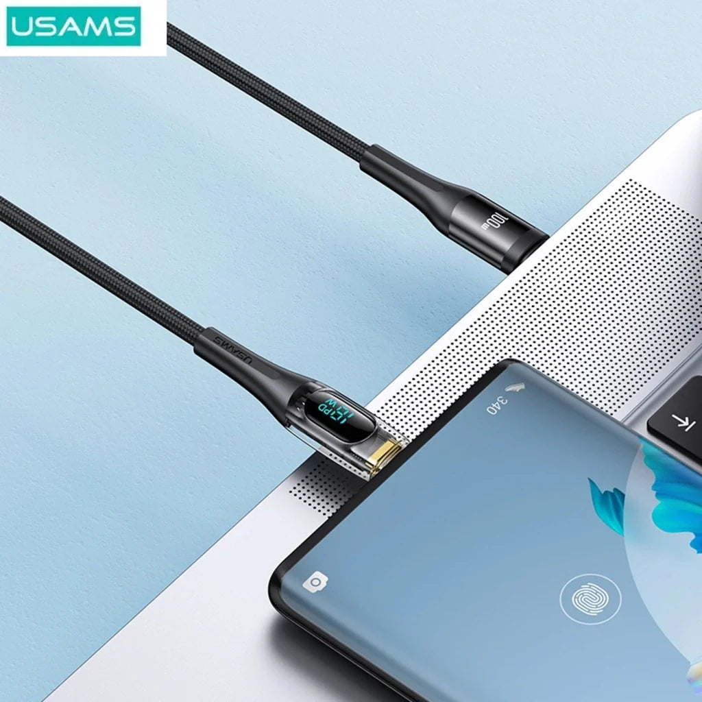 Cablu de Date &amp; Încărcare Rapidă USAMS Shadow Series, USB-C la USB-C, 100W PD, Display Digital LED, Nylon Împletit, 1.2m
