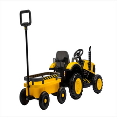 Tractor Electric KIDOO pentru Copii cu Telecomandă 2.4G, Remorcă Detașabilă, 12V 4.5Ah, 2 Motoare 380, Lumini LED, Muzică, Centură de Siguranță, Galben/Gri