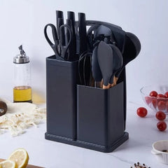 Set cutite otel inoxidabil, AT PERFORMANCE® si ustensile de bucatarie in suport cu tocator, 19 piese