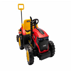 Tractor Electric KIDOO pentru Copii cu Telecomandă 2.4G, Remorcă Detașabilă, 12V 4.5Ah, 2 Motoare 380, Lumini LED, Muzică, Centură de Siguranță, Roșu/Galben