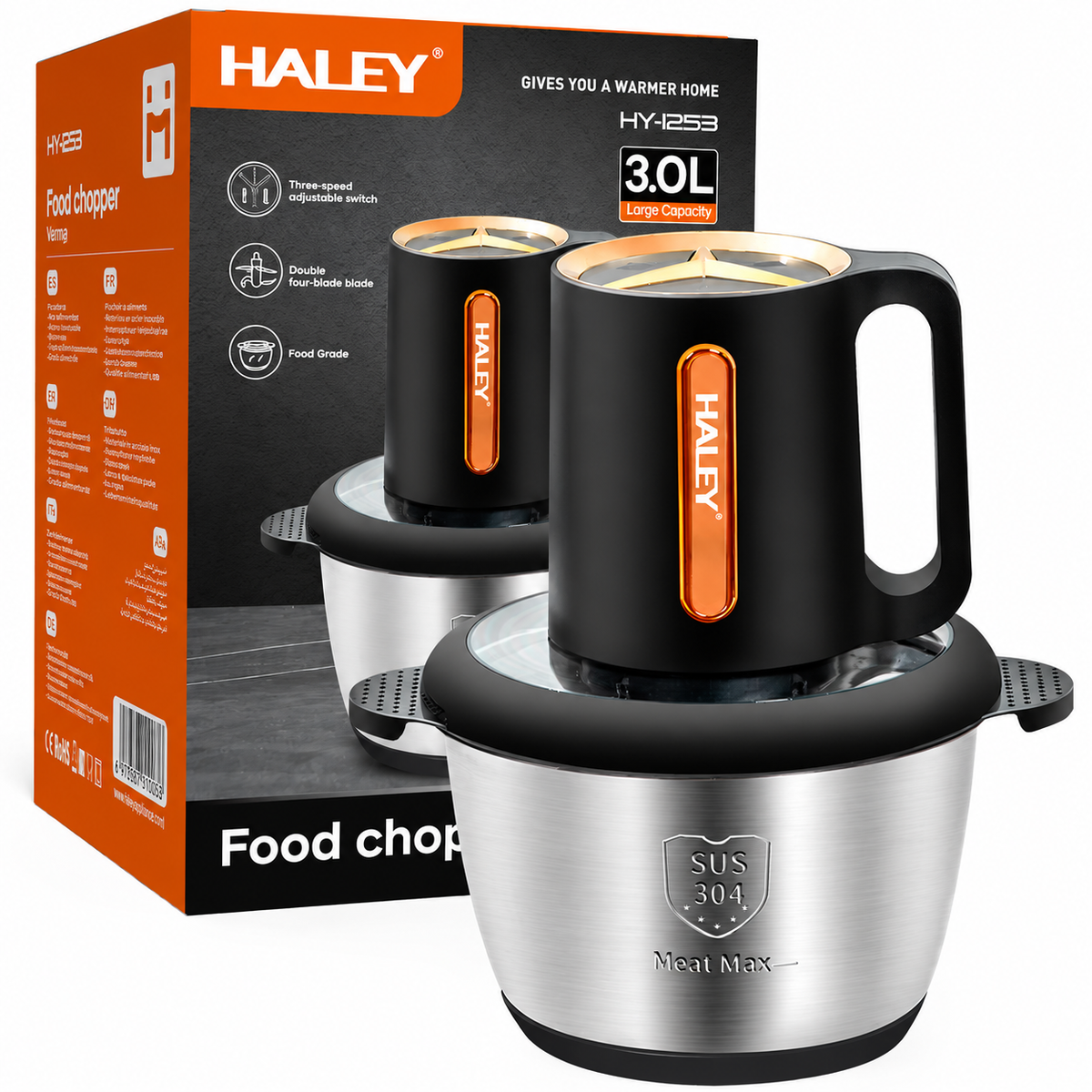 Tocător Electric HALEY HY-1253, 1200W, Bol Inox SUS 304 de 3L, 4 Lame din Oțel Inoxidabil, 3 Trepte de Viteză, Sistem Antiderapant