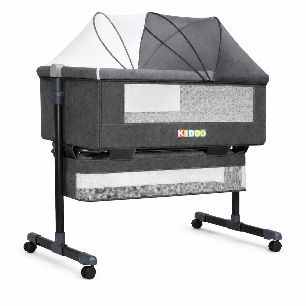 Pătuț Reglabil 6 în 1 AT PERFORMANCE® pentru Bebe – Leagăn, Pătuț de Călătorie, Coș Depozitare, Plasă Țânțari, Saltea Moale, Roți 360°, Gri