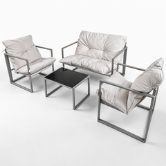 Set Mobilier Grădină AT PERFORMANCE® 4 Piese, Canapea 2 Locuri + 2 Fotolii + Măsuță cu Sticlă Securizată Neagră, Cadru Metalic