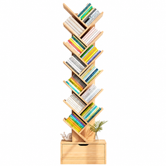 Bibliotecă Tip Arbore cu 12 Niveluri și Sertar Inferior, Raft pentru Cărți Modern, Economisire Spațiu pentru Living, Dormitor și Birou