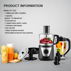 Robot de Bucătărie HALEY® HY-1325, 8 în 1, 1500W, Blender 1.5L, Procesor 1L, 2 Viteze + Pulse, Lame Inox