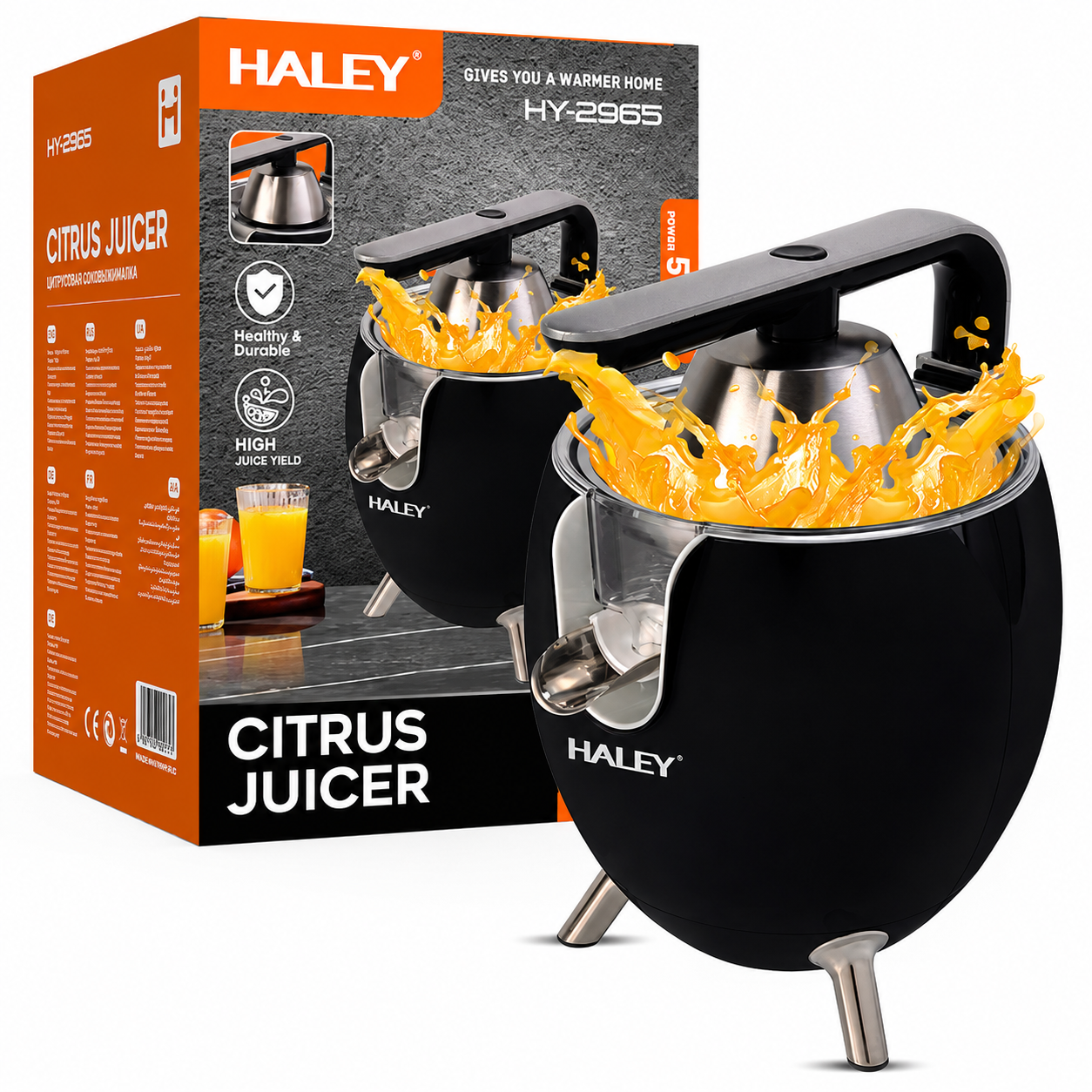 Storcător Electric de Citrice HALEY HY-2965, 500W, 2 Conuri pentru Citrice, Sistem de Presare, Componente din Inox, Funcție Anti-Picurare, Negru