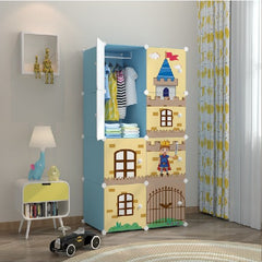 Dulap modular pentru copii, AT PERFORMANCE®, 8 rafturi, durabil, 76X37X147 cm, albastru, castel, print