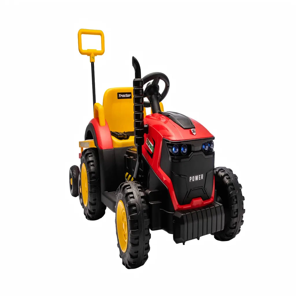 Tractor Electric KIDOO pentru Copii cu Telecomandă 2.4G, Remorcă Detașabilă, 12V 4.5Ah, 2 Motoare 380, Lumini LED, Muzică, Centură de Siguranță, Roșu/Galben
