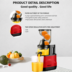 Storcător cu Presare Lentă Haley HY-604, 200W, Slow Juicer, Recipient Suc 300 ml, Recipient Pulpă 300 ml, Filtru Inox cu Micropori, Roșu