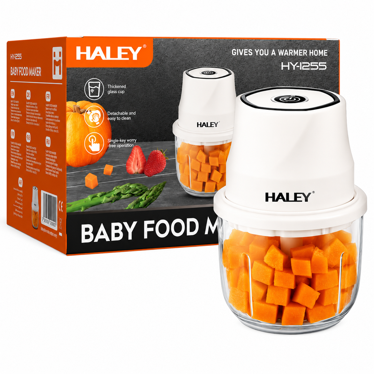 Aparat pentru prepararea și mărunțirea alimentelor HALEY HY-1255, 300W, recipient din sticlă 350 ml, 6 lame din oțel inoxidabil, încărcare USB Type-C