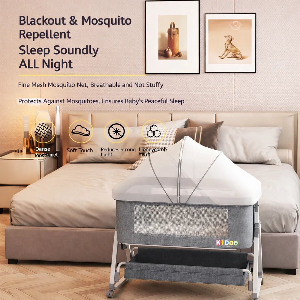 Pat portabil pentru bebeluși AT PERFORMANCE® 3 în 1 cu saltea confortabilă, înălțime reglabilă, roți și pliere ușoară – ideal pentru nou-născuți, gri