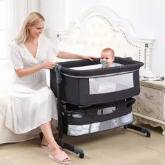 Pătuț Reglabil 6 în 1 AT PERFORMANCE® pentru Bebe – Leagăn, Pătuț de Călătorie, Coș Depozitare, Plasă Țânțari, Saltea Moale, Roți 360°, Gri