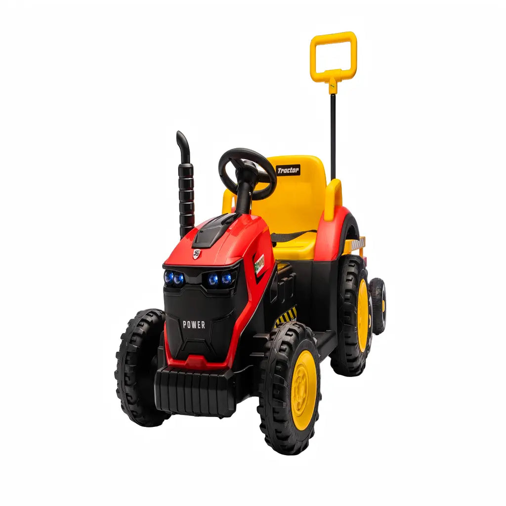 Tractor Electric KIDOO pentru Copii cu Telecomandă 2.4G, Remorcă Detașabilă, 12V 4.5Ah, 2 Motoare 380, Lumini LED, Muzică, Centură de Siguranță, Roșu/Galben
