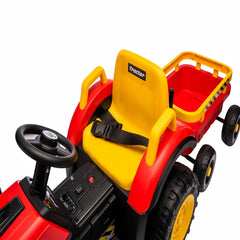 Tractor Electric KIDOO pentru Copii cu Telecomandă 2.4G, Remorcă Detașabilă, 12V 4.5Ah, 2 Motoare 380, Lumini LED, Muzică, Centură de Siguranță, Roșu/Galben
