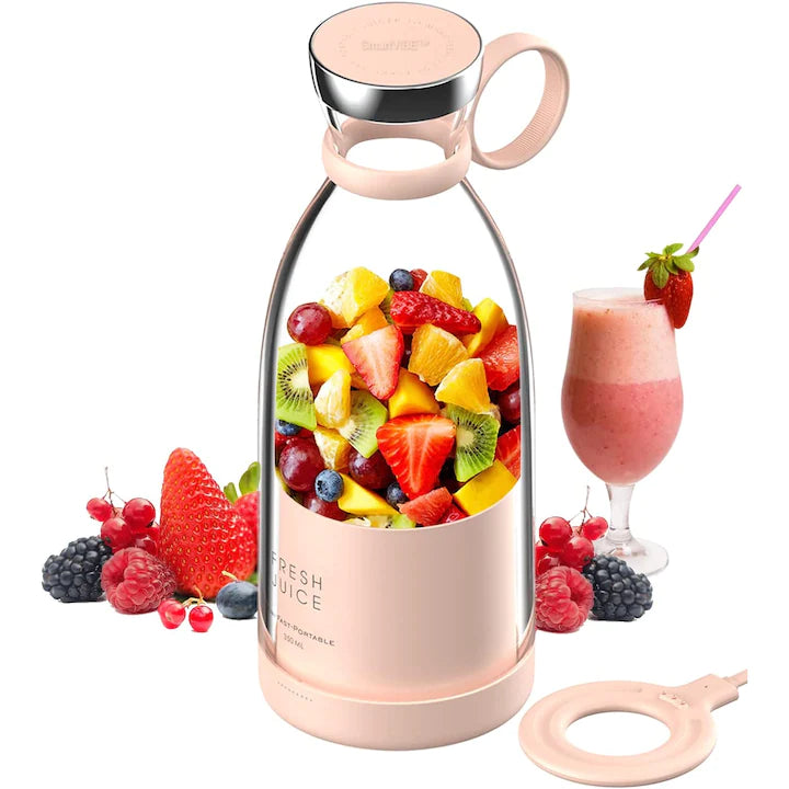 Mini Blender Electric, MixUP AT PERFORMANCE®, Incarcare Wireless, Portabil/Compact, Multifunctional, Auto-curatare, Autonomie Mare, Capacitate 350ml, 4 Lame 3D, Putere 20.000 rpm, Love Pink