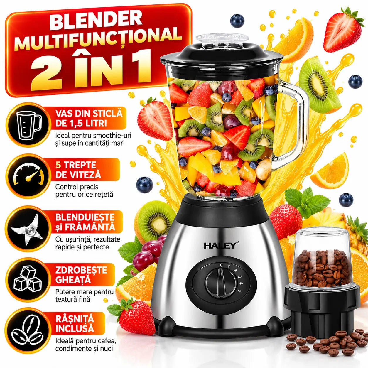 Blender Multifuncțional HALEY 1200W, Capacitate 1.5L, Motor Puternic, Design Compact și Versatil