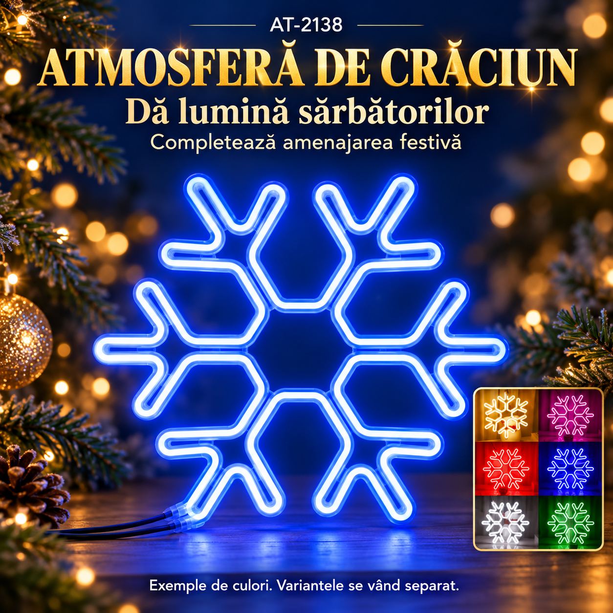 Decorațiune luminoasă de Crăciun AT-2138, fulg de nea, 40 cm, albastru sau multicolor