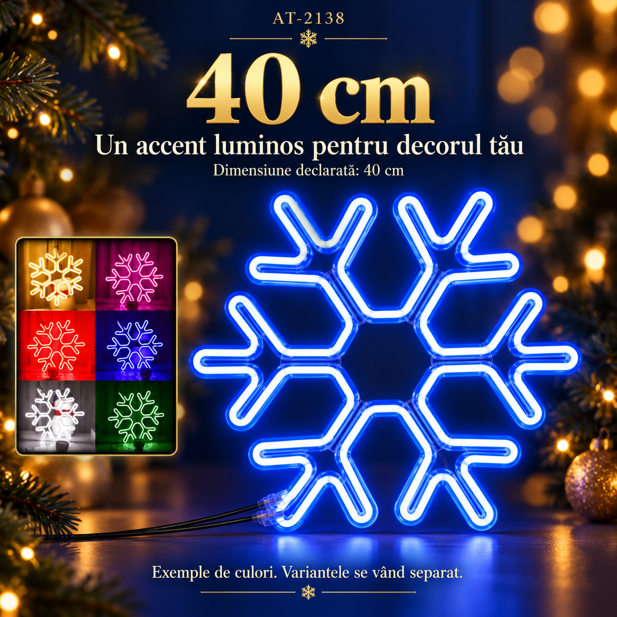 Decorațiune luminoasă de Crăciun AT-2138, fulg de nea, 40 cm, albastru sau multicolor