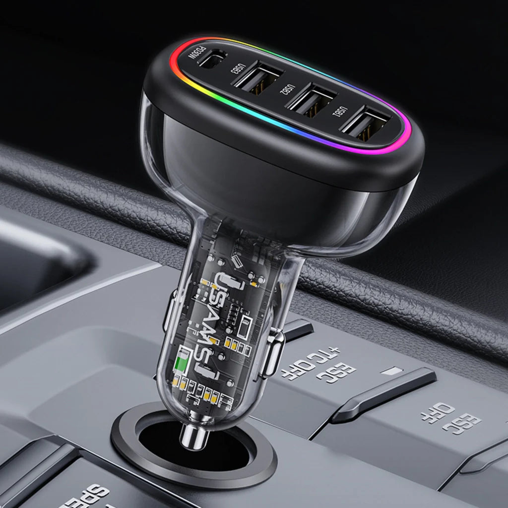 Încărcător auto rapid USAMS USB-C PD 30W + USB-A 18W, putere 48W, cu iluminare LED multicoloră, design transparent