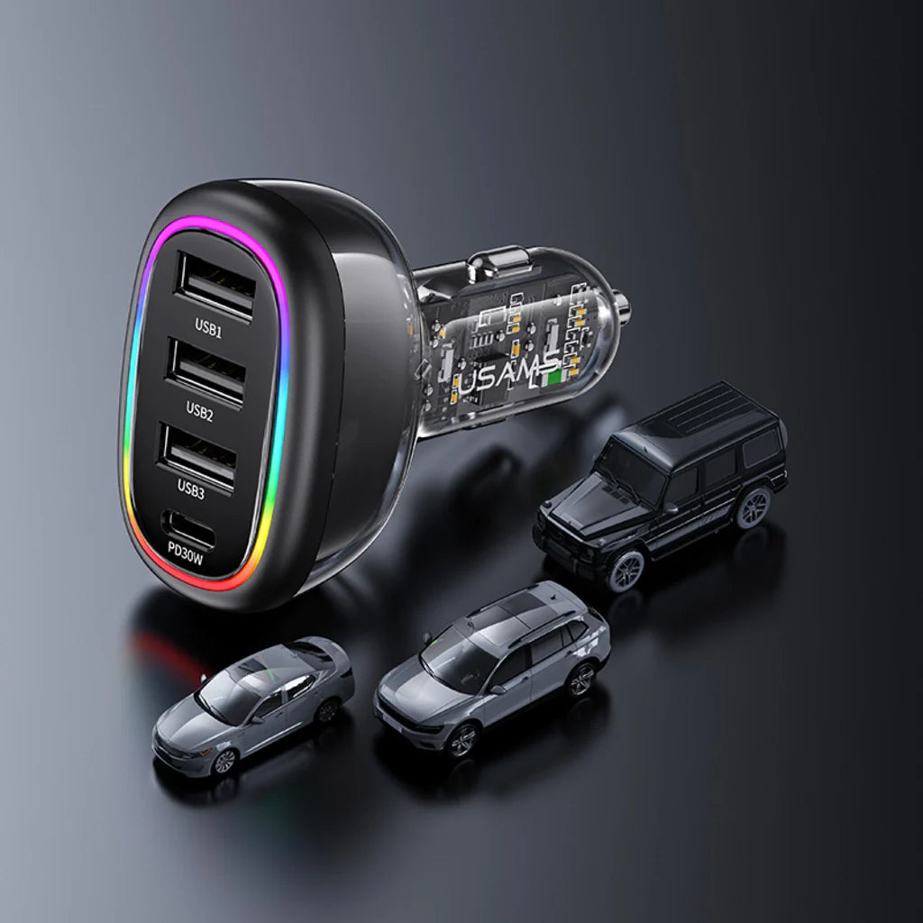 Încărcător auto rapid USAMS USB-C PD 30W + USB-A 18W, putere 48W, cu iluminare LED multicoloră, design transparent