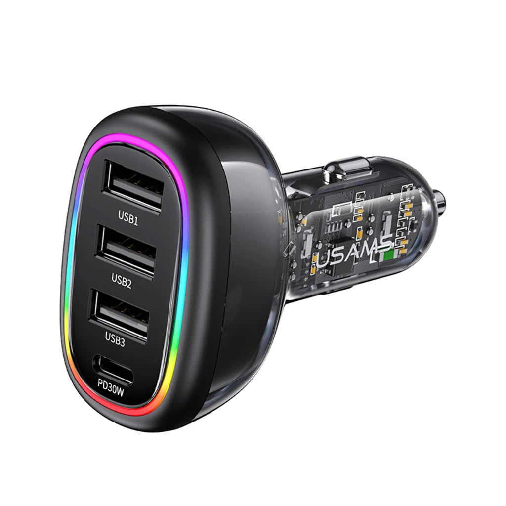 Încărcător auto rapid USAMS USB-C PD 30W + USB-A 18W, putere 48W, cu iluminare LED multicoloră, design transparent