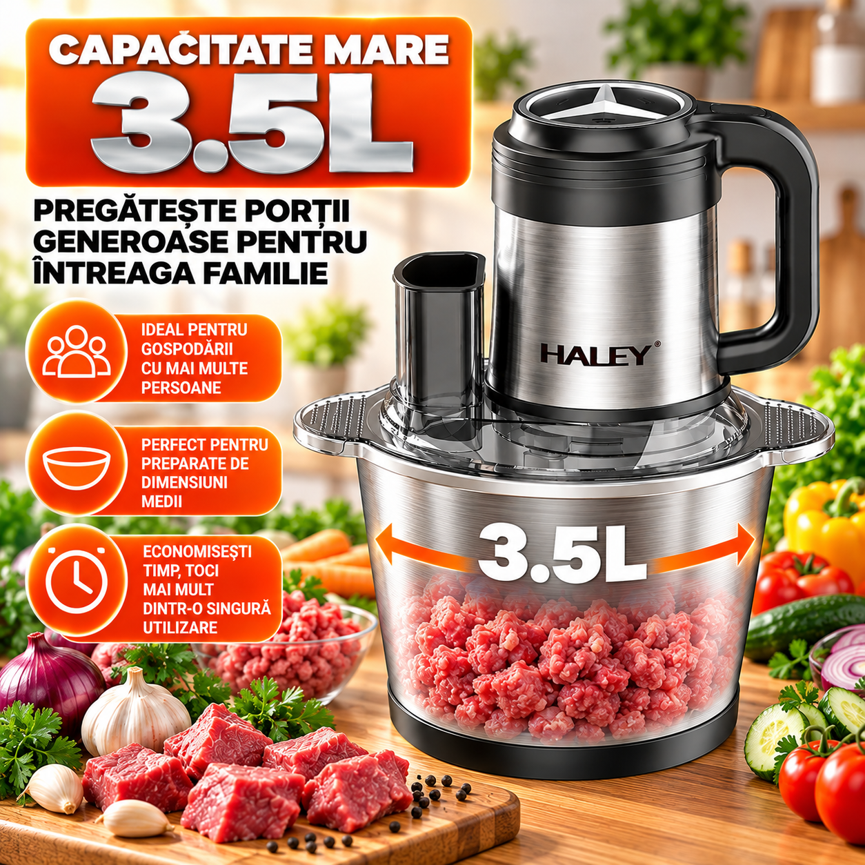 Tocător Electric Multifuncțional HALEY HY-1244 – Putere de 1200W și vas de 3.5L din inox pentru tocare rapidă și versatilă