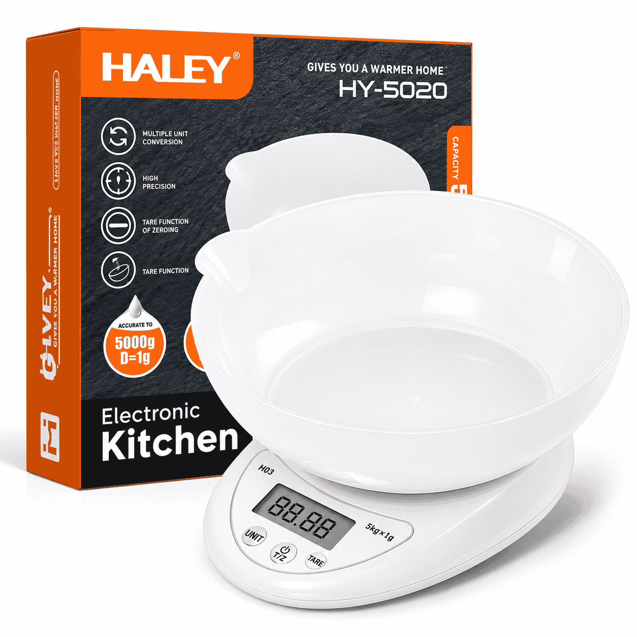 Cântar Electronic De Bucătărie Haley HY-5020, Capacitate 5 Kg, Precizie 1 g, Bol 600 ml, Ecran LCD, Funcție Tara