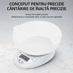 Cântar Electronic De Bucătărie Haley HY-5020, Capacitate 5 Kg, Precizie 1 g, Bol 600 ml, Ecran LCD, Funcție Tara