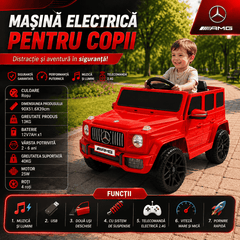 Mașină Electrică pentru Copii Tip SUV 4x4 Premium, Design Inspirat Mercedes G-Class AMG, 12V, Lumini LED, Muzică, Rosu