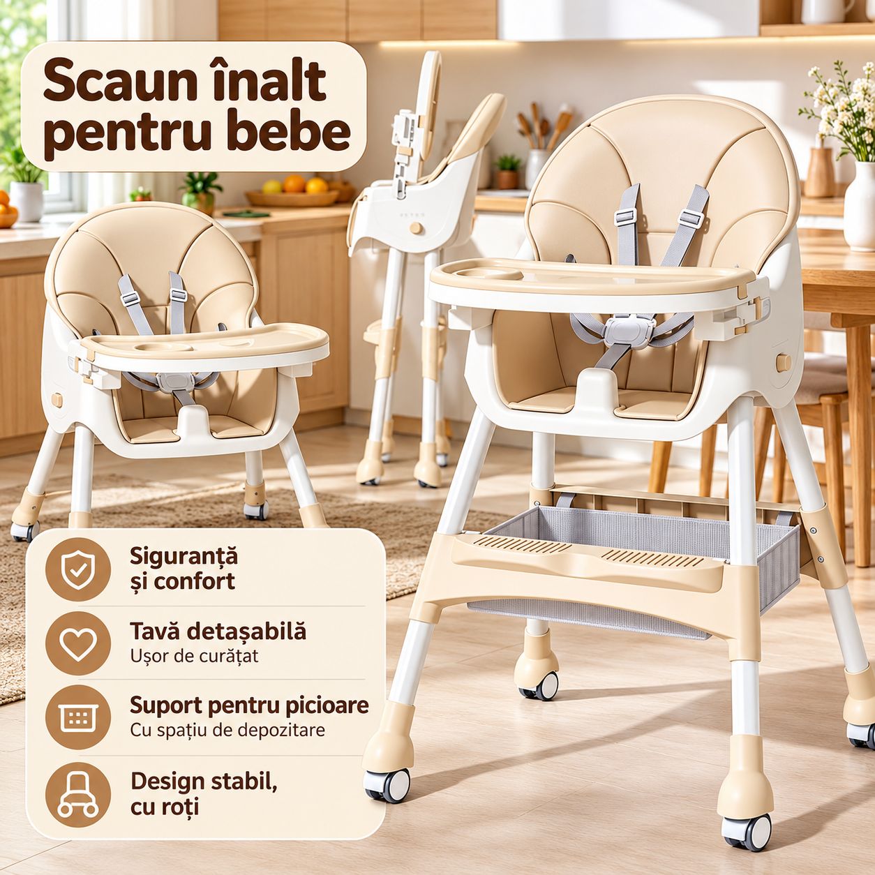 Scaun de Masă pentru Bebeluși KIDOO KD-44, 6–72 Luni, Centură în 5 Puncte, Tavă Detașabilă, Bej/Roz/Gri