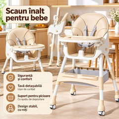 Scaun de Masă pentru Bebeluși KIDOO KD-44, 6–72 Luni, Centură în 5 Puncte, Tavă Detașabilă, Bej/Roz/Gri
