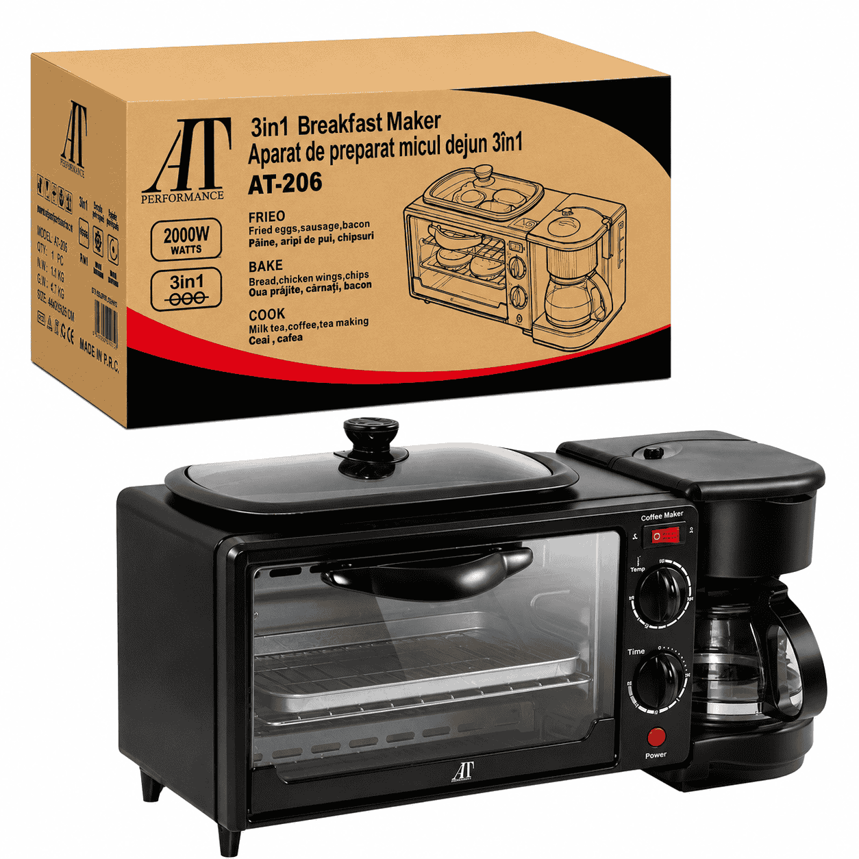 Cuptor Electric 3 în 1 cu Cafetieră Integrată, Grill și Timer – 2000W