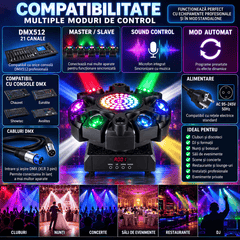 Moving Head LED Profesional Multi-Efect 100W, 6×10W RGBW CREE, Laser Roșu + Verde, Strobe Alb și Galben, 91 LED-uri, Brațe Rotative, DMX512 21 Canale, Sound Control