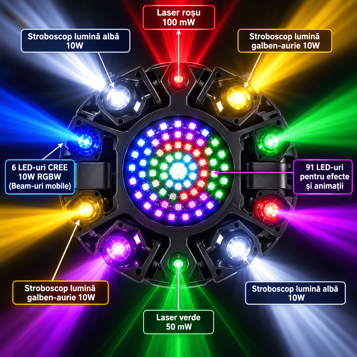 Moving Head LED Profesional Multi-Efect 100W, 6×10W RGBW CREE, Laser Roșu + Verde, Strobe Alb și Galben, 91 LED-uri, Brațe Rotative, DMX512 21 Canale, Sound Control