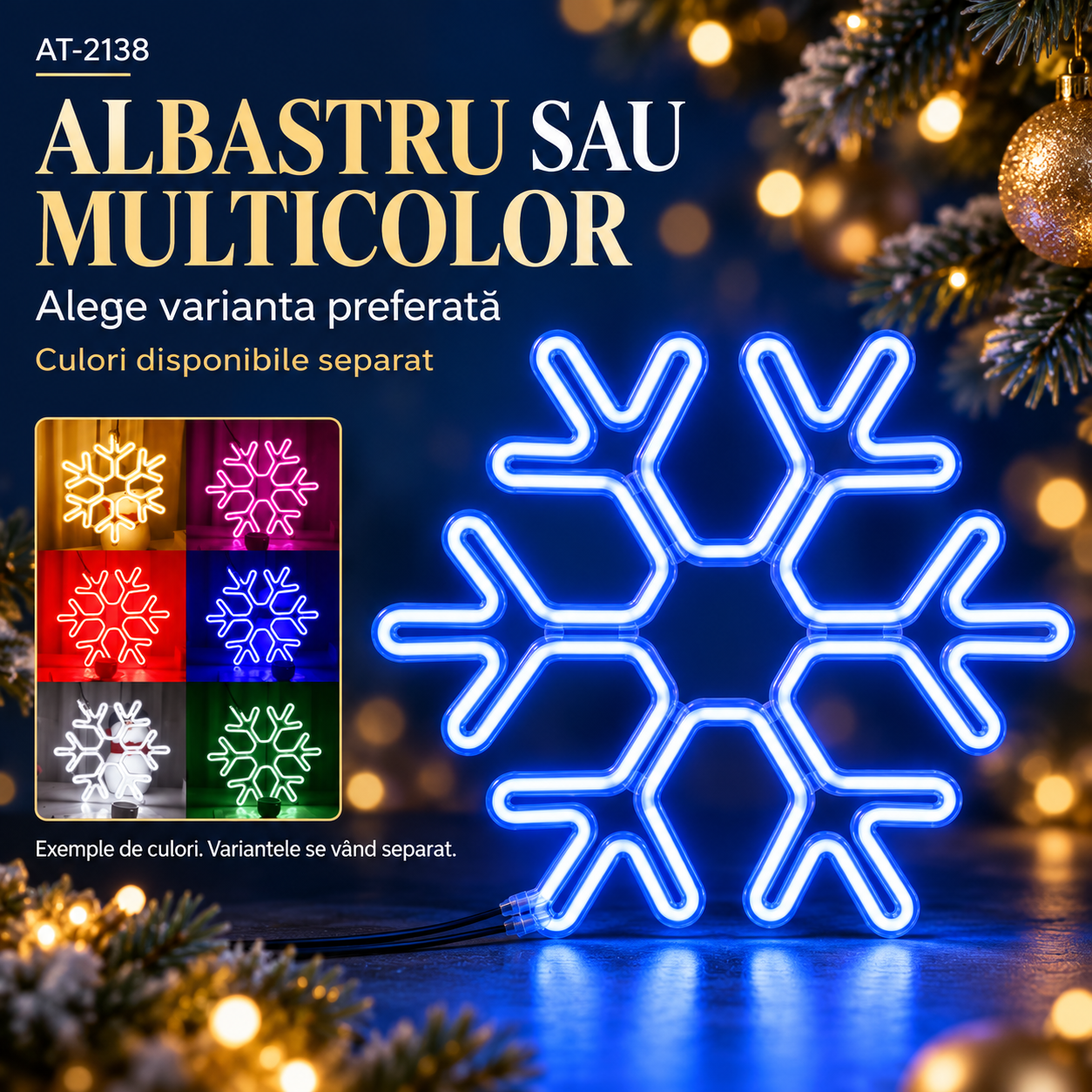 Decorațiune luminoasă de Crăciun AT-2138, fulg de nea, 40 cm, albastru sau multicolor