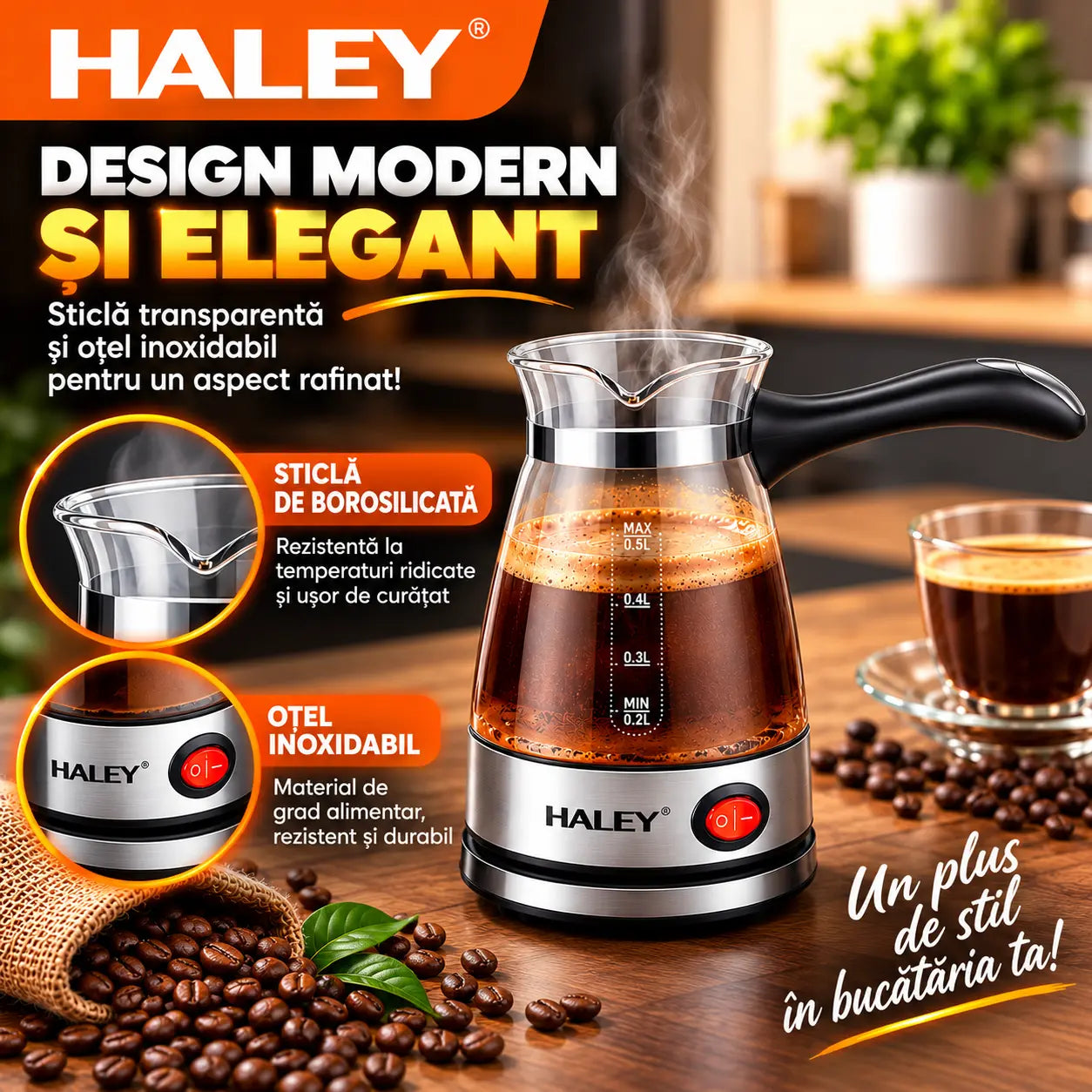 Ibric Electric HALEY® HY-8926, 600W, Capacitate 500 ml, Protecție Boil-Dry, Bază Rotativă 360°