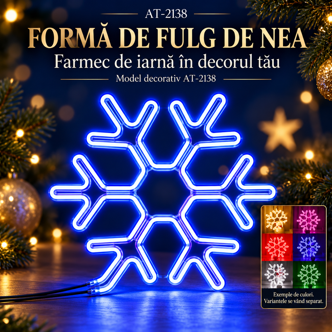 Decorațiune luminoasă de Crăciun AT-2138, fulg de nea, 40 cm, albastru sau multicolor