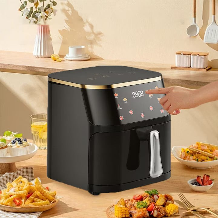 Friteuză cu Aer Cald 10L AT PERFORMANCE® – 2400W, Display Digital Touch, 8 Programe, cu Geam, Neagră + CADOU 50 Hârtii de Copt