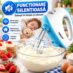 Mixer de Mână Haley 500W, 7 Trepte Viteză, Alb/Albastru, Silențios, Accesorii Incluse