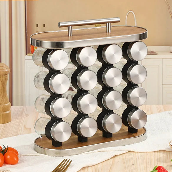 Set 16 recipiente condimente din sticla, cu suport din MDF, 29 x 28 x 12 cm.