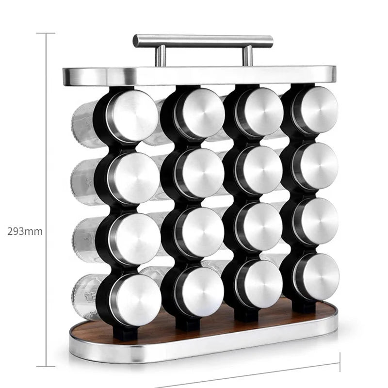 Set 16 recipiente condimente din sticla, cu suport din MDF, 29 x 28 x 12 cm.