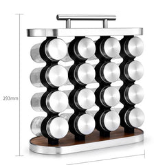 Set 16 recipiente condimente din sticla, cu suport din MDF, 29 x 28 x 12 cm.