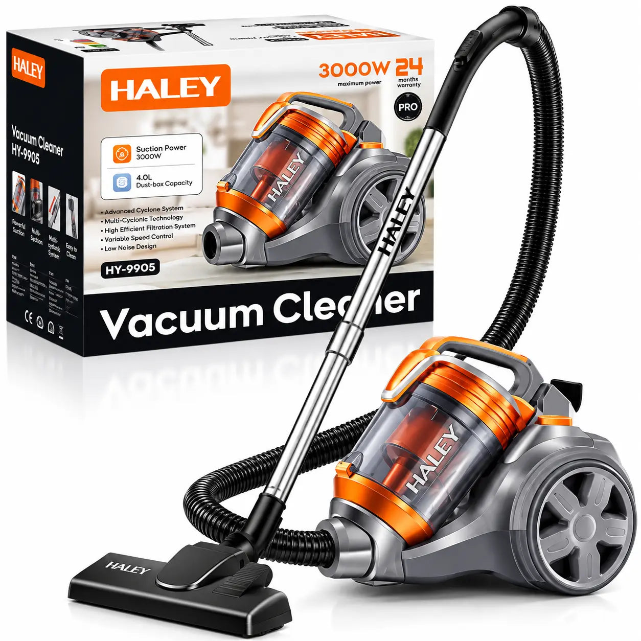 Aspirator portabil HALEY, cu aspirație mare, 4 litri, 3000W, cu saci, Portocaliu/Gri