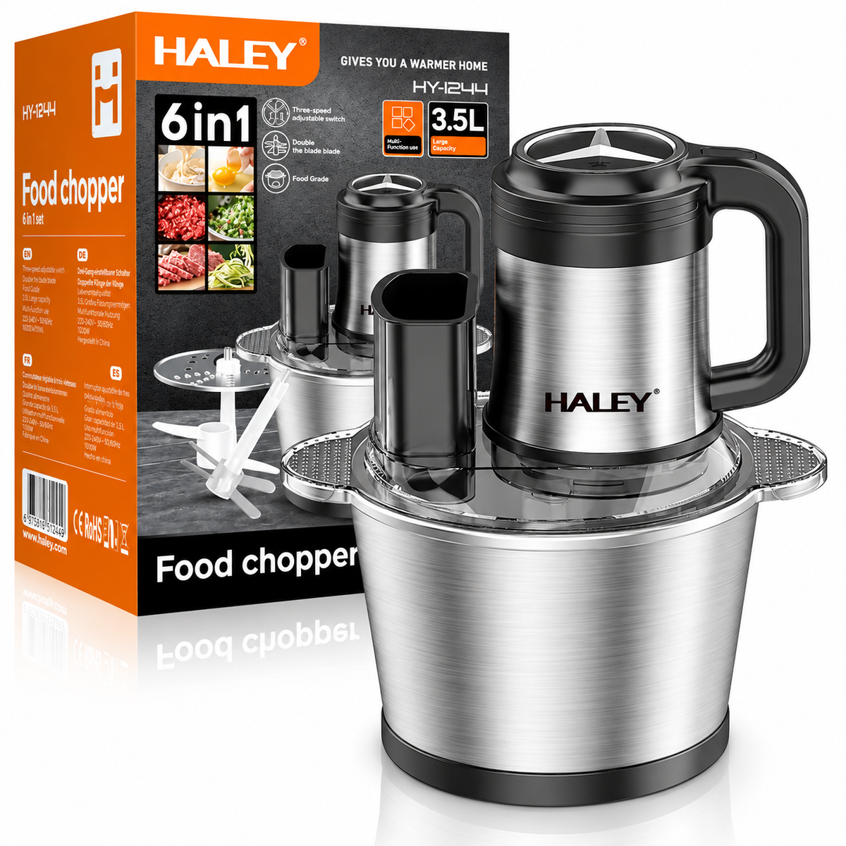 Tocător Electric Multifuncțional HALEY HY-1244 – Putere de 1200W și vas de 3.5L din inox pentru tocare rapidă și versatilă