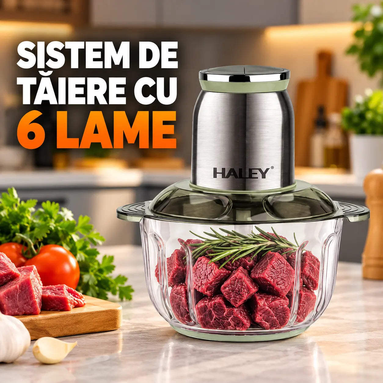 Tocător de alimente HALEY HY-1265, 1200 W, capacitate 5 L, 6 lame, 2 viteze, corp din oțel inoxidabil