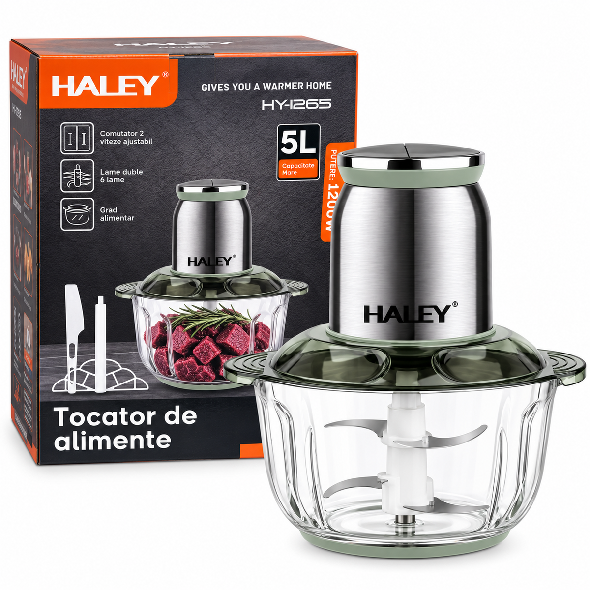 Tocător de alimente HALEY HY-1265, 1200 W, capacitate 5 L, 6 lame, 2 viteze, corp din oțel inoxidabil