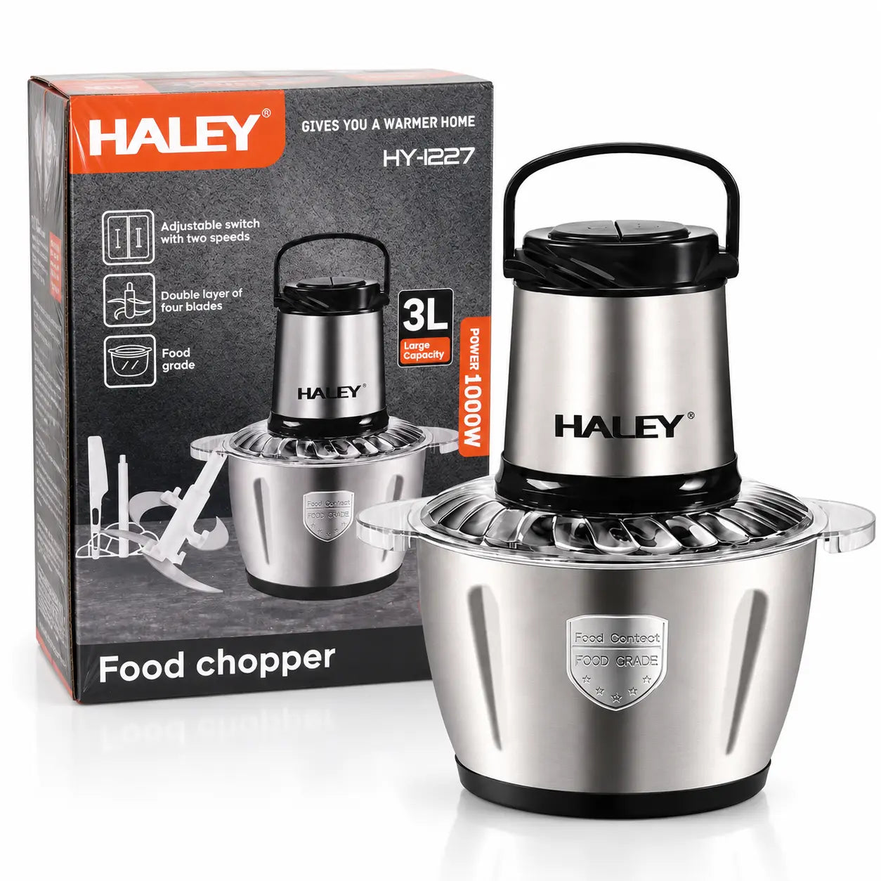 Tocător de alimente HALEY HY-1227, 1000 W, capacitate 3 L, 4 lame, 2 viteze, corp din oțel inoxidabil