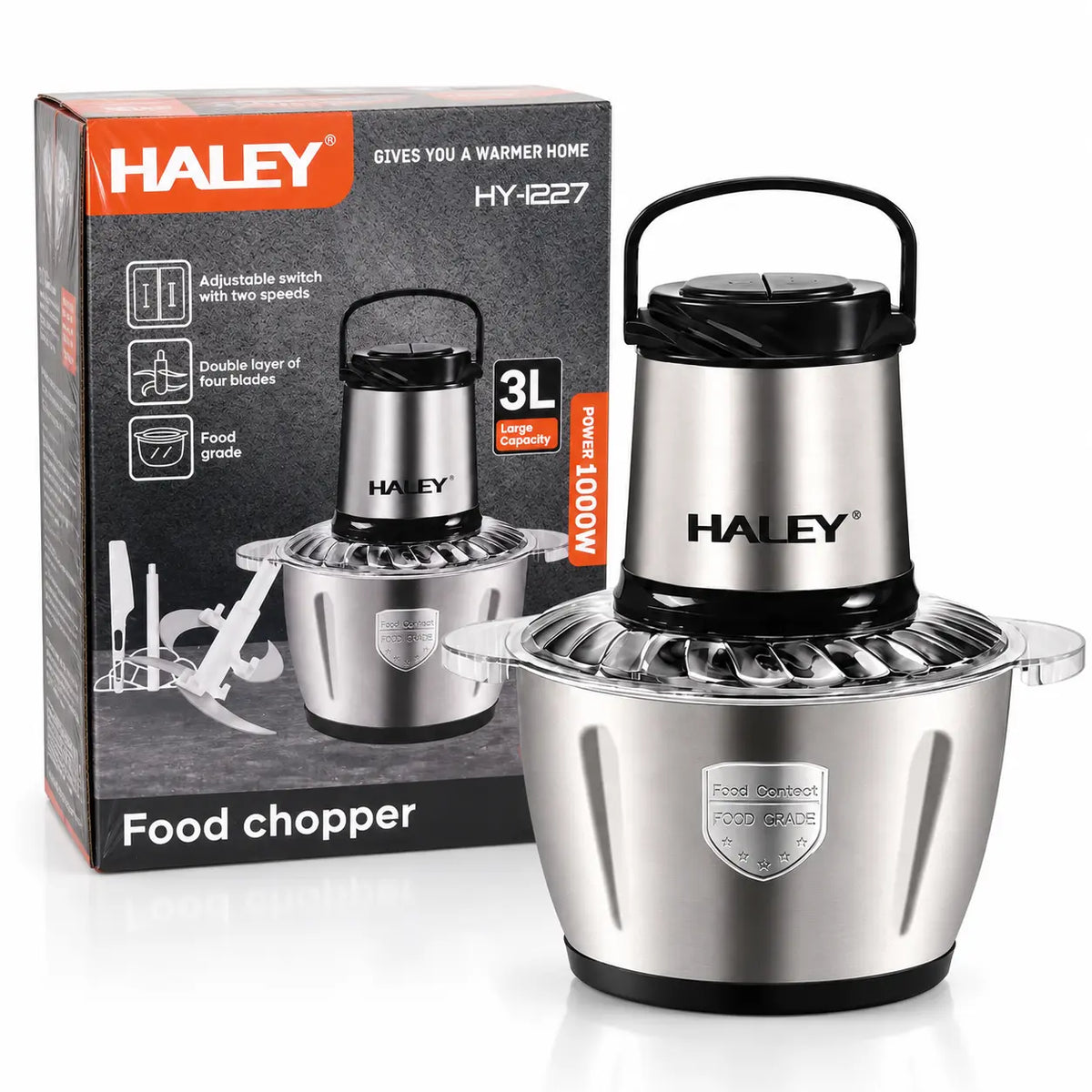 Tocător de alimente HALEY HY-1227, 1000 W, capacitate 3 L, 4 lame, 2 viteze, corp din oțel inoxidabil