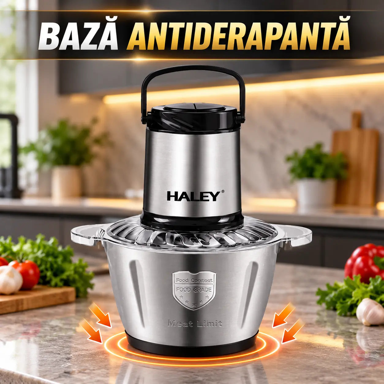 Tocător de alimente HALEY HY-1227, 1000 W, capacitate 3 L, 4 lame, 2 viteze, corp din oțel inoxidabil