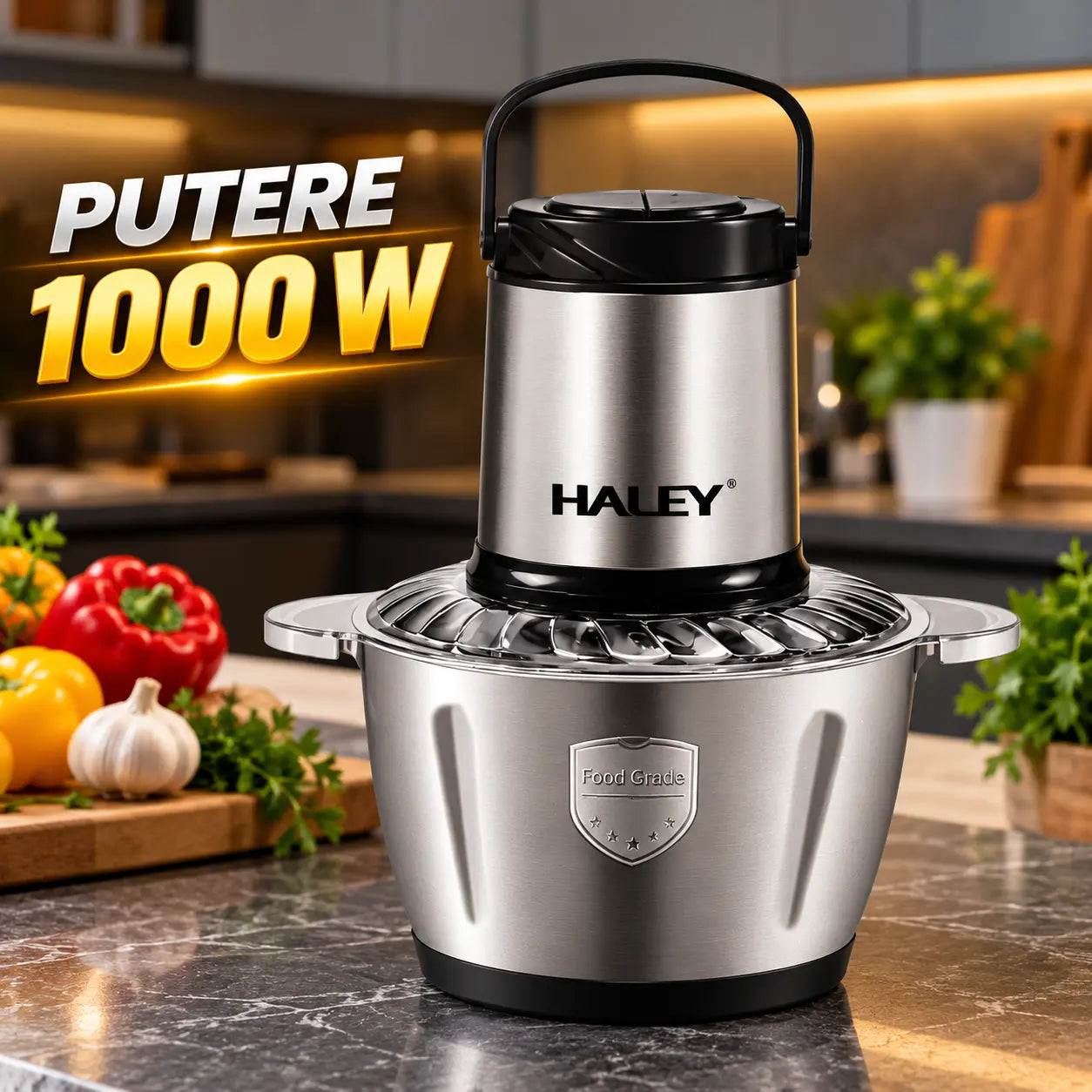 Tocător de alimente HALEY HY-1227, 1000 W, capacitate 3 L, 4 lame, 2 viteze, corp din oțel inoxidabil